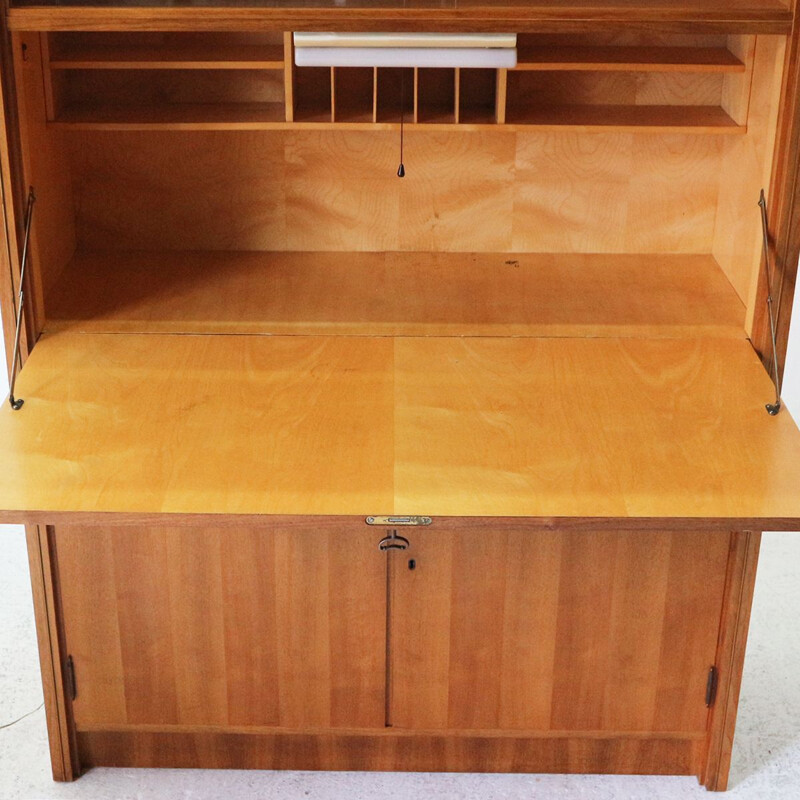 Vintage writing desk with glass sliding doors in brass and walnut 1950s