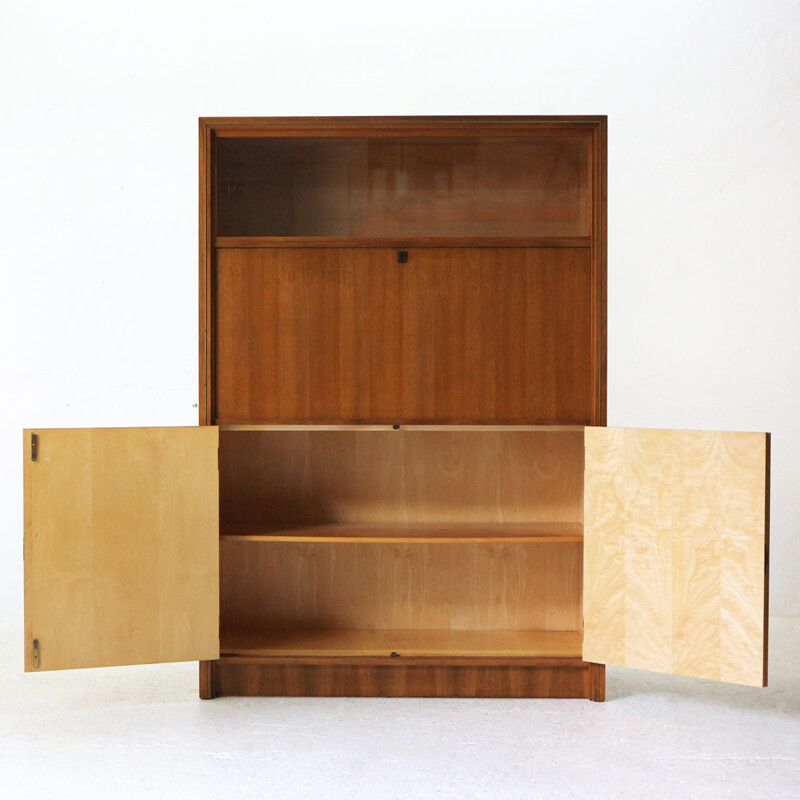 Vintage writing desk with glass sliding doors in brass and walnut 1950s