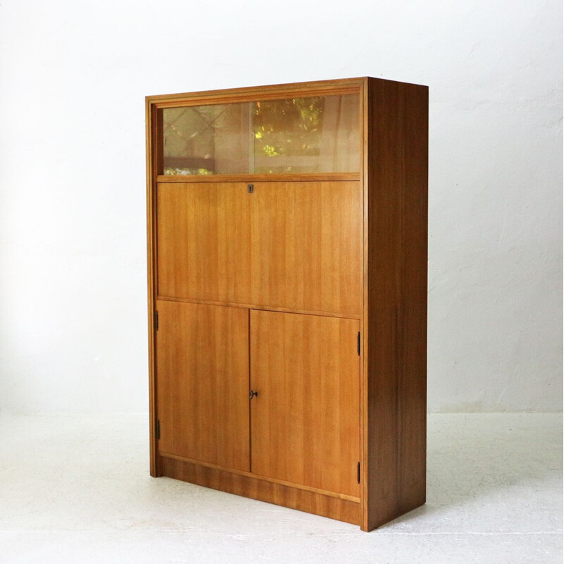 Vintage writing desk with glass sliding doors in brass and walnut 1950s