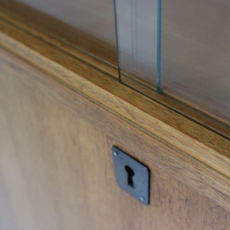 Vintage writing desk with glass sliding doors in brass and walnut 1950s