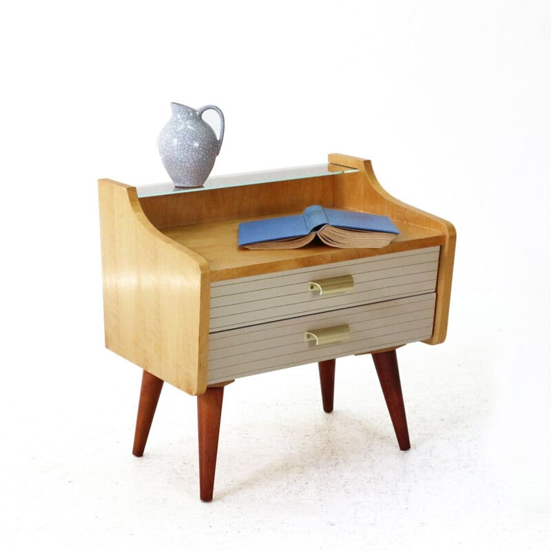 Vintage night stand with drawers in marple and leatherette 1950s