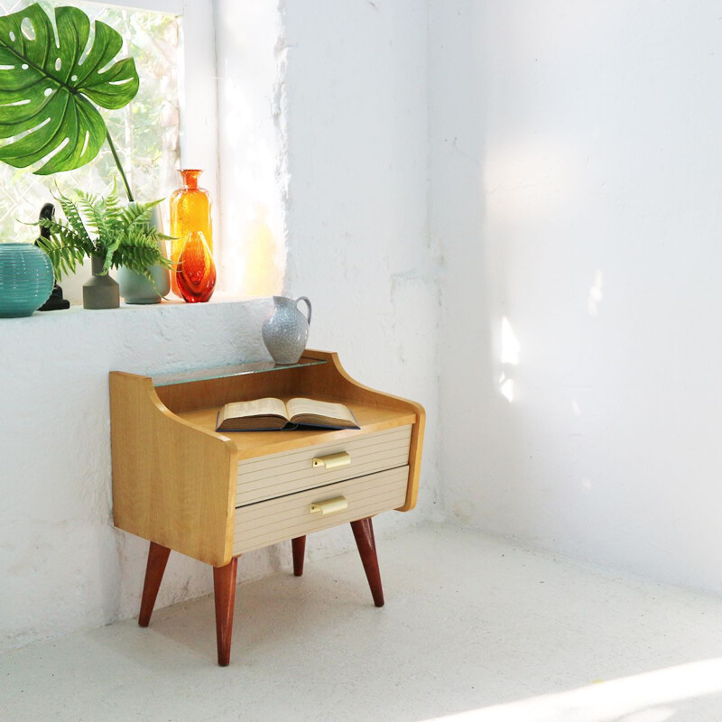 Vintage night stand with drawers in marple and leatherette 1950s