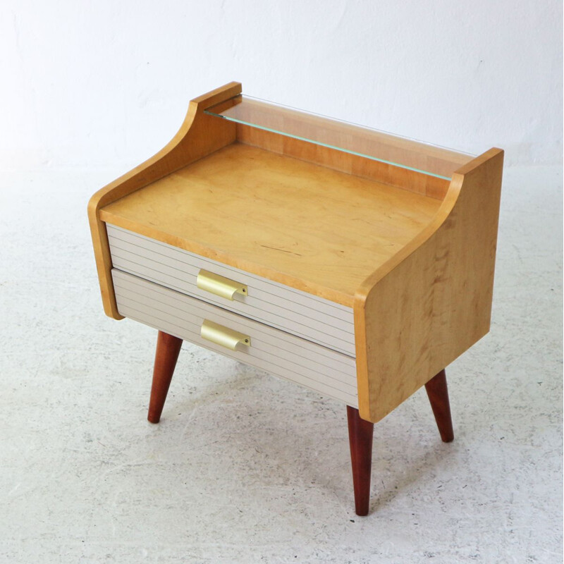 Vintage night stand with drawers in marple and leatherette 1950s