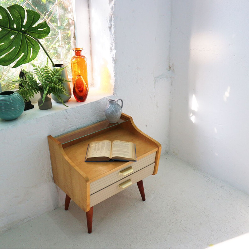 Vintage night stand with drawers in marple and leatherette 1950s