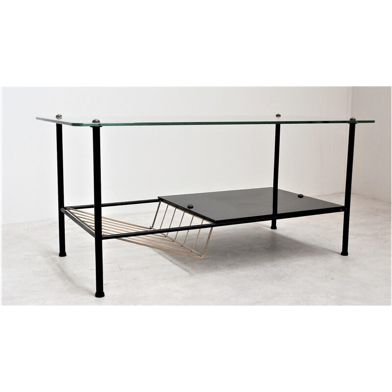 Vintage black steel and glass coffee table 1950s