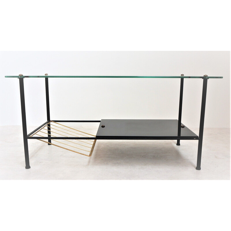 Vintage black steel and glass coffee table 1950s