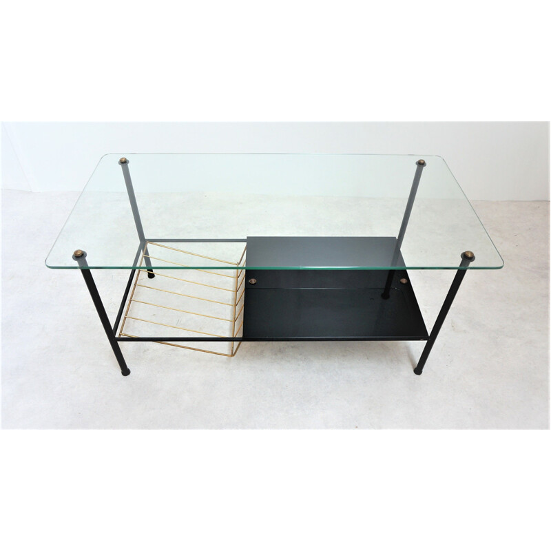 Vintage black steel and glass coffee table 1950s