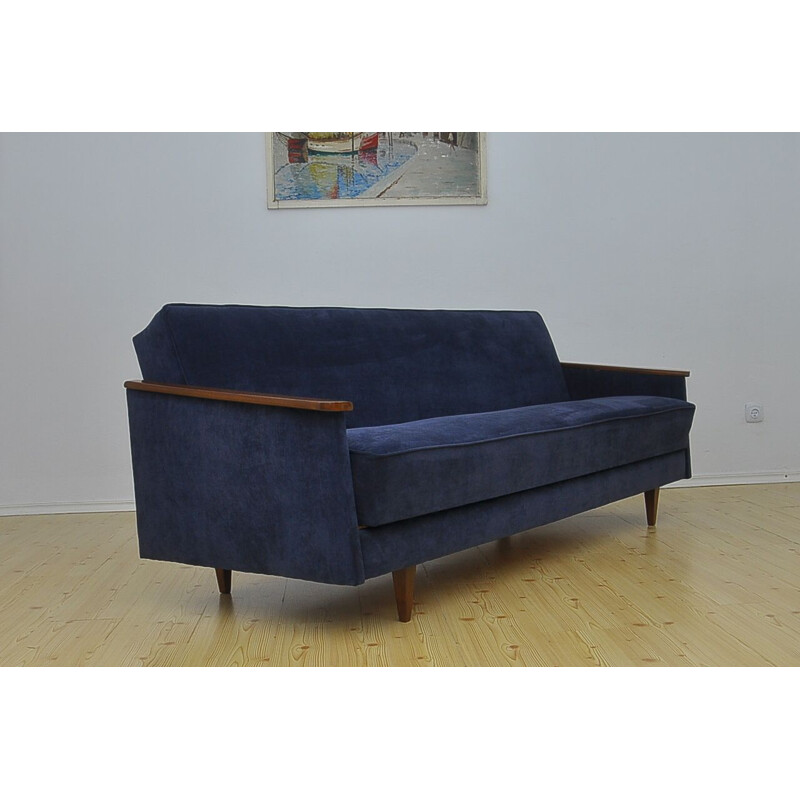 Canapé vintage en tissu bleu et bois de hêtre 1960