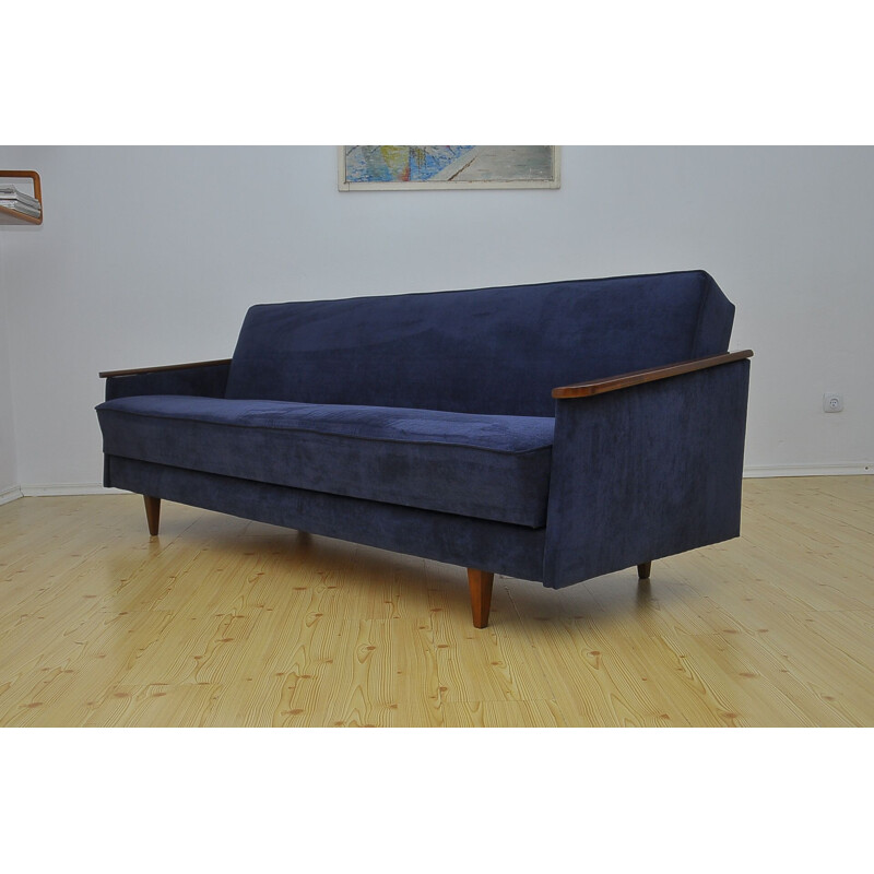 Canapé vintage en tissu bleu et bois de hêtre 1960
