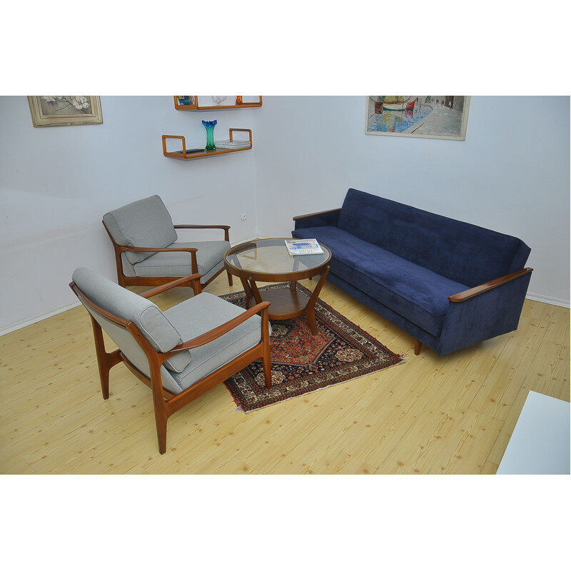 Vintage danish sofa in blue fabric and beechwood 1960s