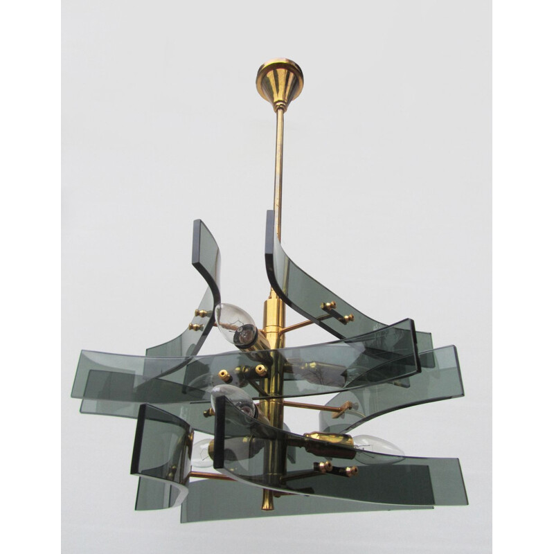 Vintage chandelier for Fontana Arte in glass and brass 1960s