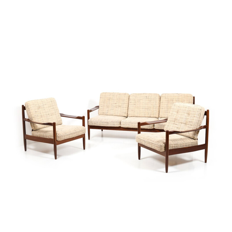 Vintage danish seating group in dark teak and creme wool