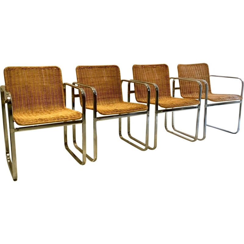 Set of 4 vintage chairs for Sliedregt in steel and rattan 1970s