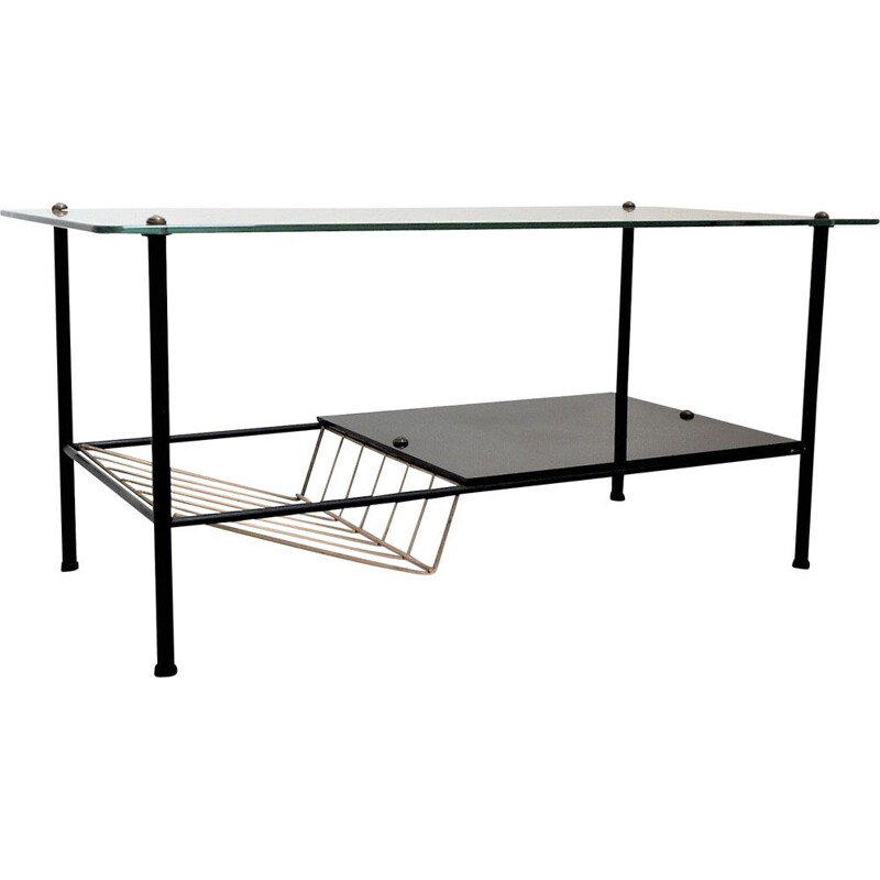 Vintage black steel and glass coffee table 1950s