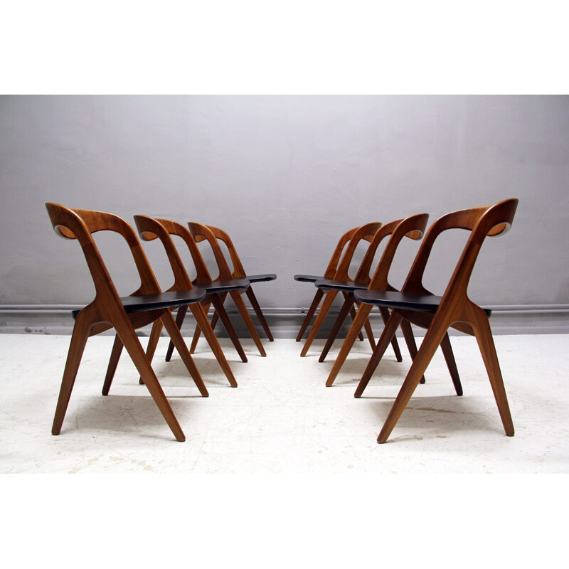 Set of 6 teak and leather Vamo Mobelfabrik dining chairs, Vamo SONDERBORG - 1960s