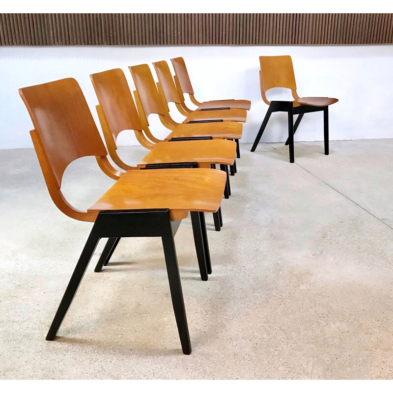 Set of 6 vintage stacking chairs model P7 by Roland Rainer for Emil and Alfred Pollak, 1950