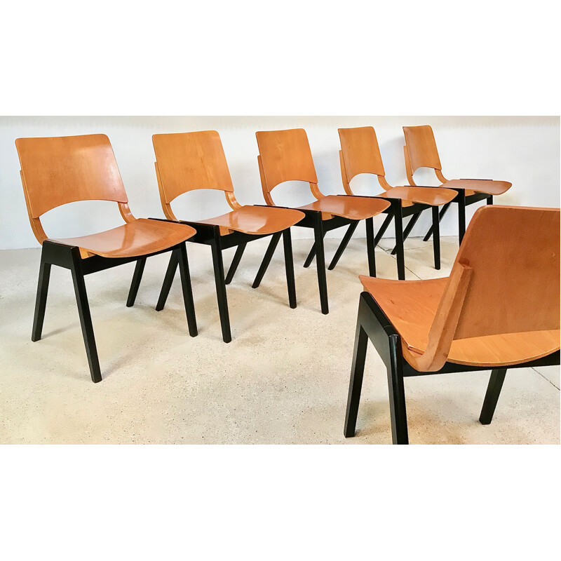 Set of 6 vintage stacking chairs model P7 by Roland Rainer for Emil and Alfred Pollak, 1950