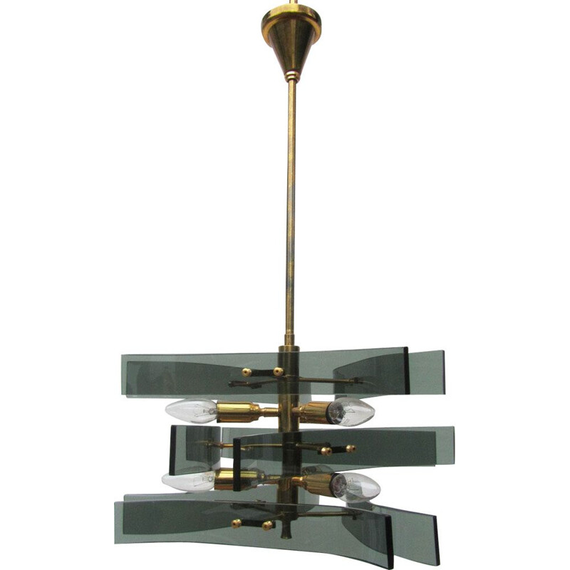 Vintage chandelier for Fontana Arte in glass and brass 1960s