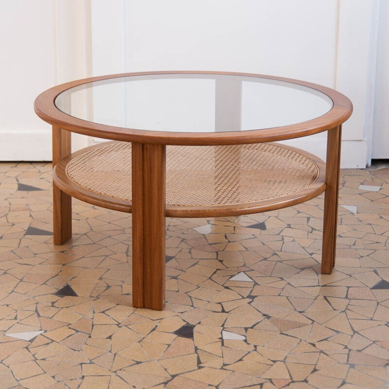 Vintage coffee table round in rattan cane and teak 1960s