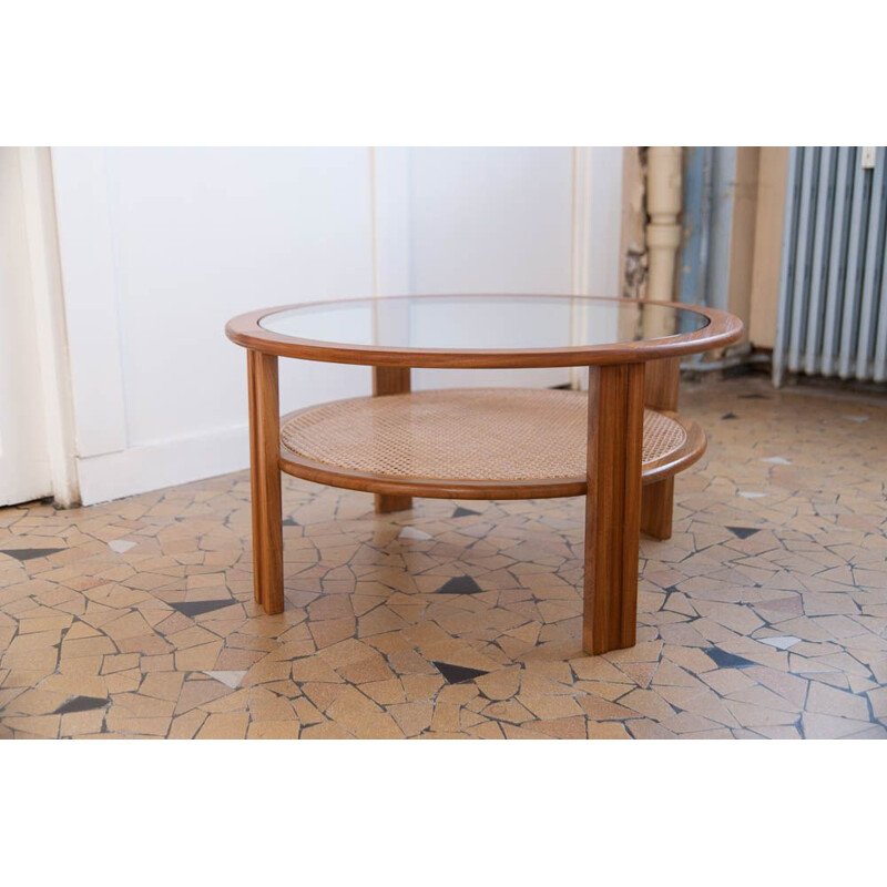 Vintage coffee table round in rattan cane and teak 1960s