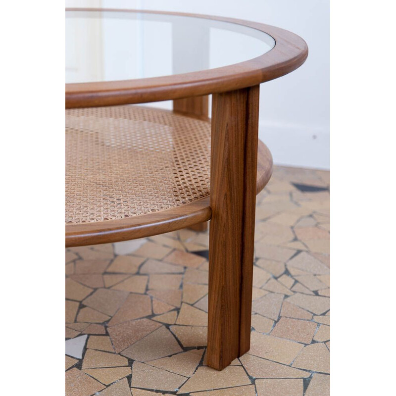 Vintage coffee table round in rattan cane and teak 1960s