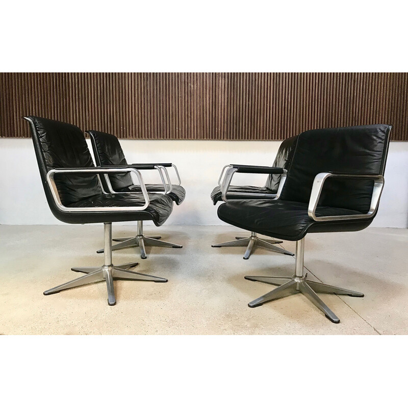 Set of 4 vintage armchairs Programm 2000 in leather by Delta Design for Wilkhahn, 1960s