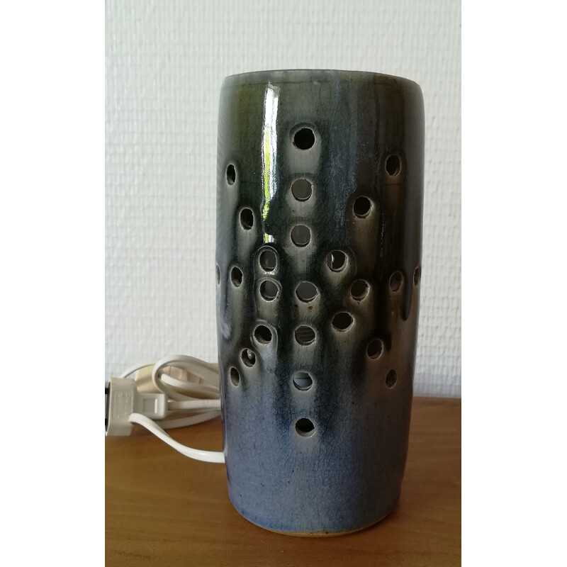 Lampe vintage en grès émaillé bleu cylindrique par GB LM