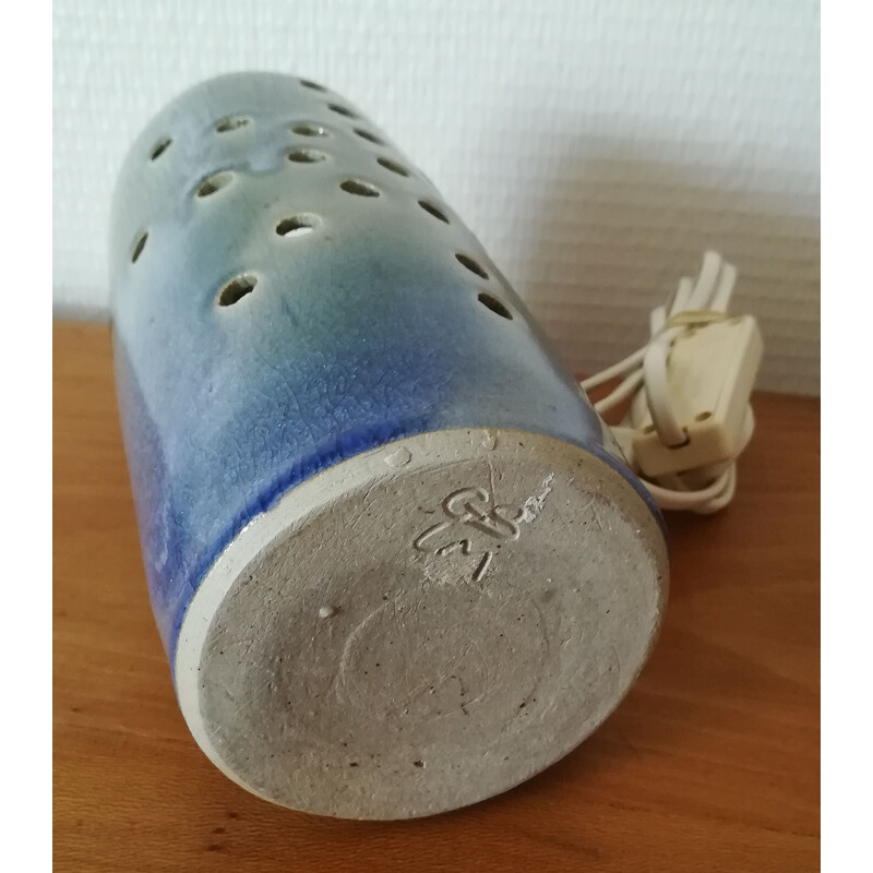 Lampe vintage en grès émaillé bleu cylindrique par GB LM