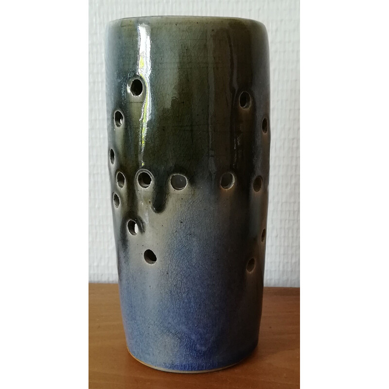 Lampe vintage en grès émaillé bleu cylindrique par GB LM