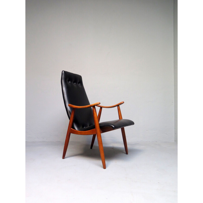 Fauteuil lounge sculptural vintage en skai noir des années 1950