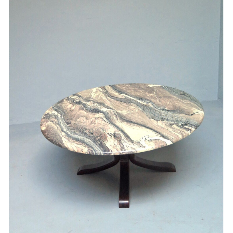 Vintage coffee table marble top and rosewood base 1970s