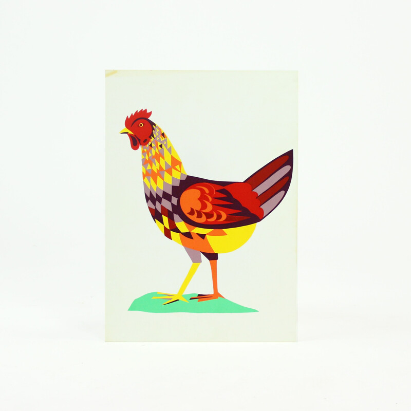 Vintage colorful plastic wall art illustration of chicken, Czechoslovakia, 1960