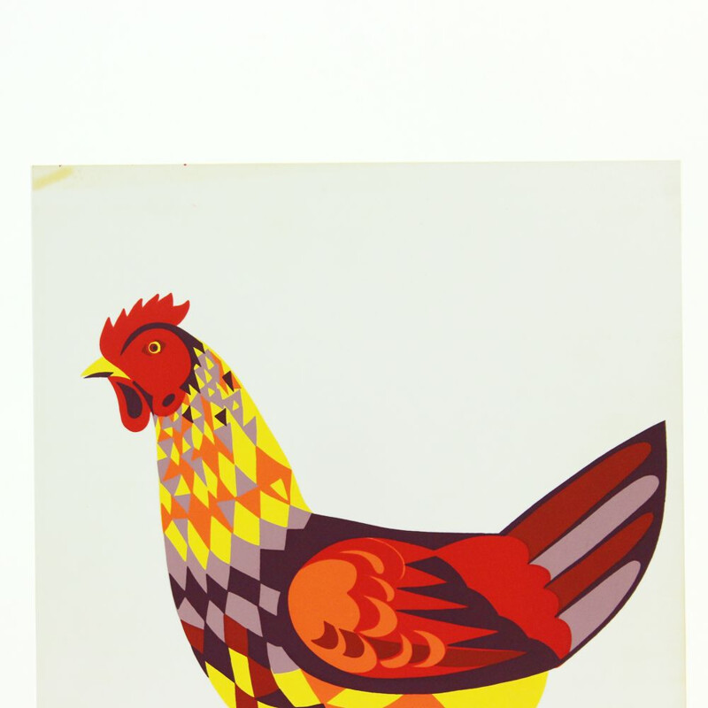 Vintage colorful plastic wall art illustration of chicken, Czechoslovakia, 1960