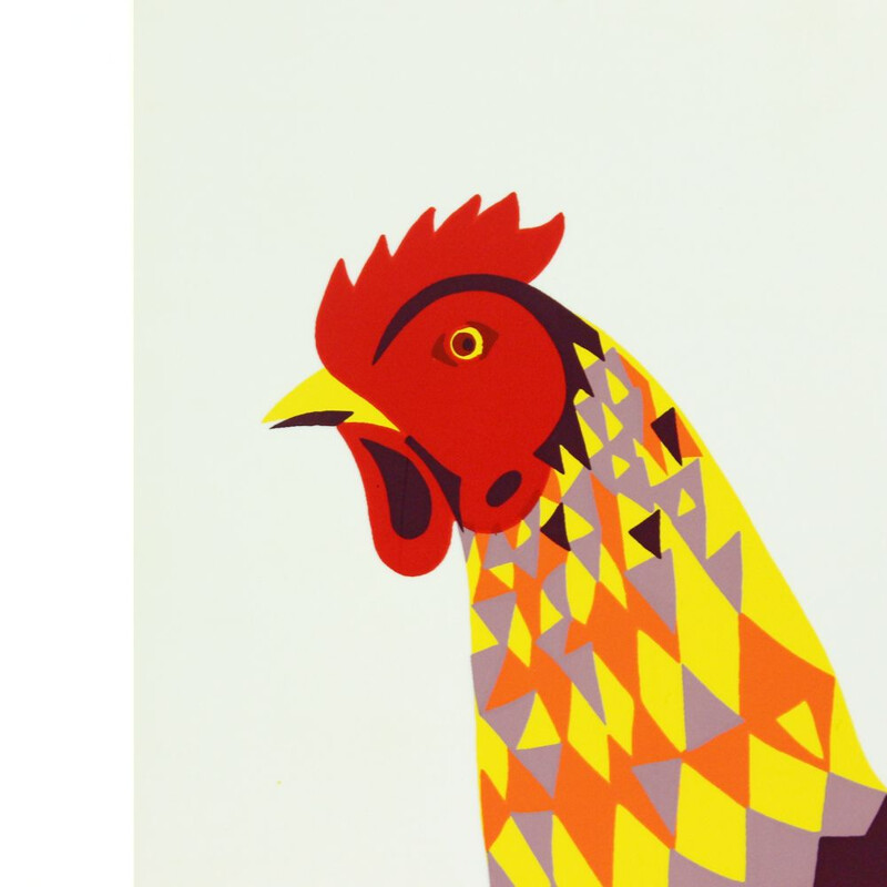 Vintage colorful plastic wall art illustration of chicken, Czechoslovakia, 1960