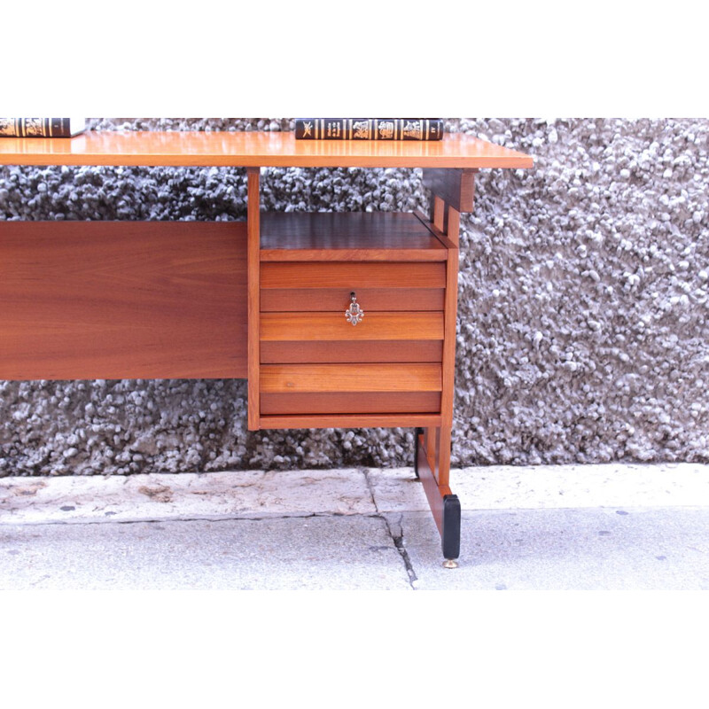 Vintage Italian Wooden Desk with 3 Drawers, 1950s