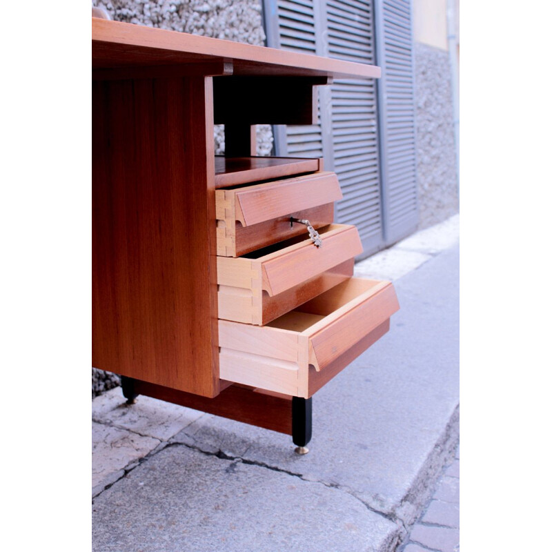 Vintage Italian Wooden Desk with 3 Drawers, 1950s