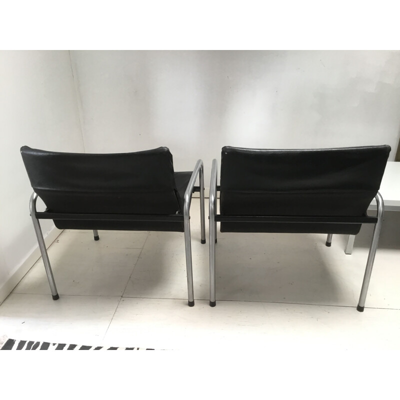 Set of 2 vintage Industrial chrome and skai chairs by Just meijer for Kembo