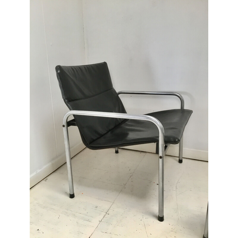 Set of 2 vintage Industrial chrome and skai chairs by Just meijer for Kembo