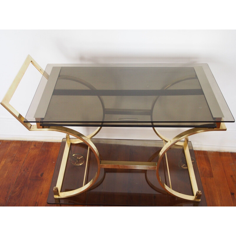 French vintage trolley in smoked glass and brass 1970