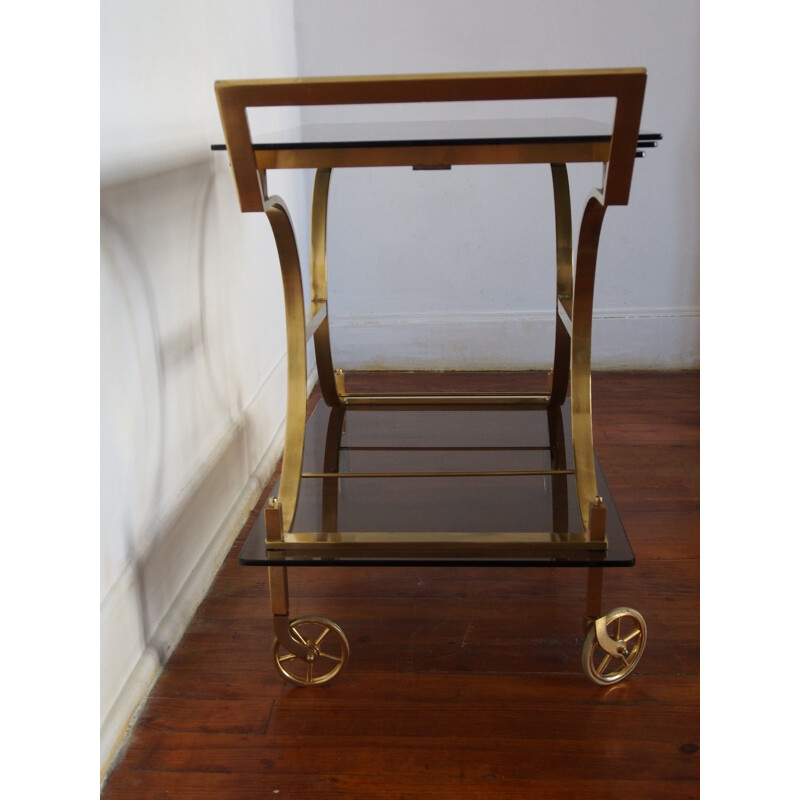 French vintage trolley in smoked glass and brass 1970