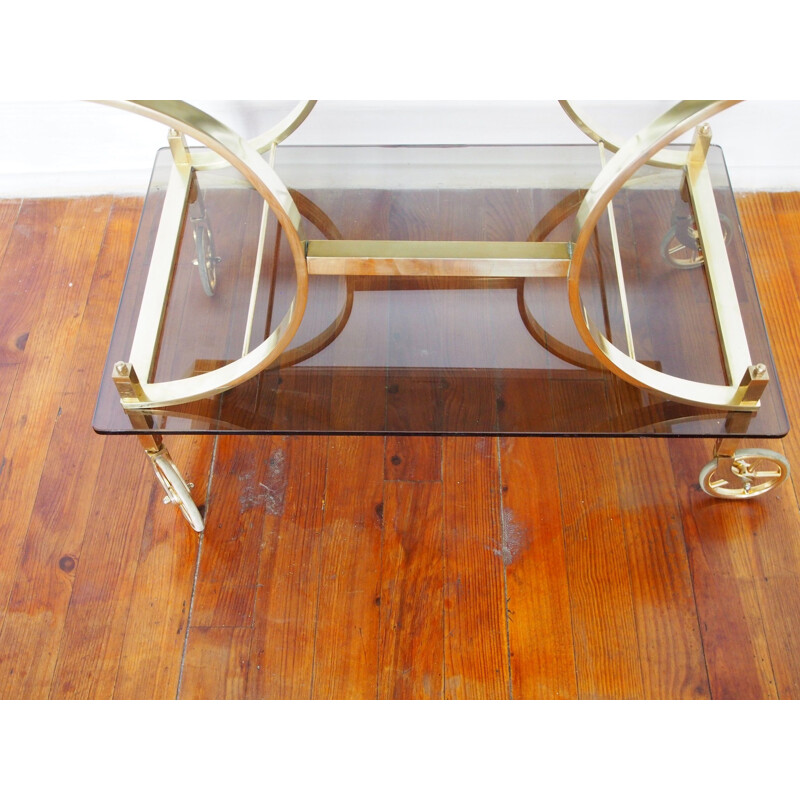 French vintage trolley in smoked glass and brass 1970