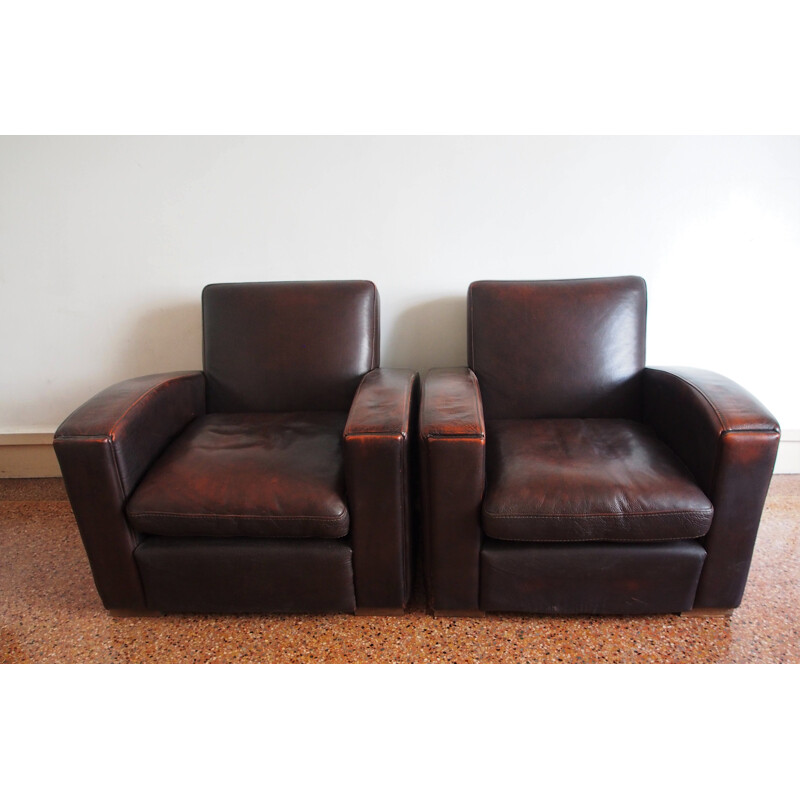 Pair of vintage french armchairs in brown leather 1980