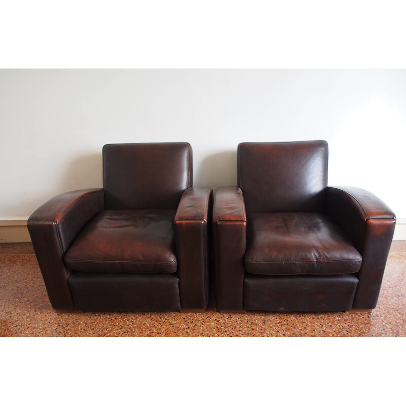 Paire de fauteuils vintage français en cuir marron 1980