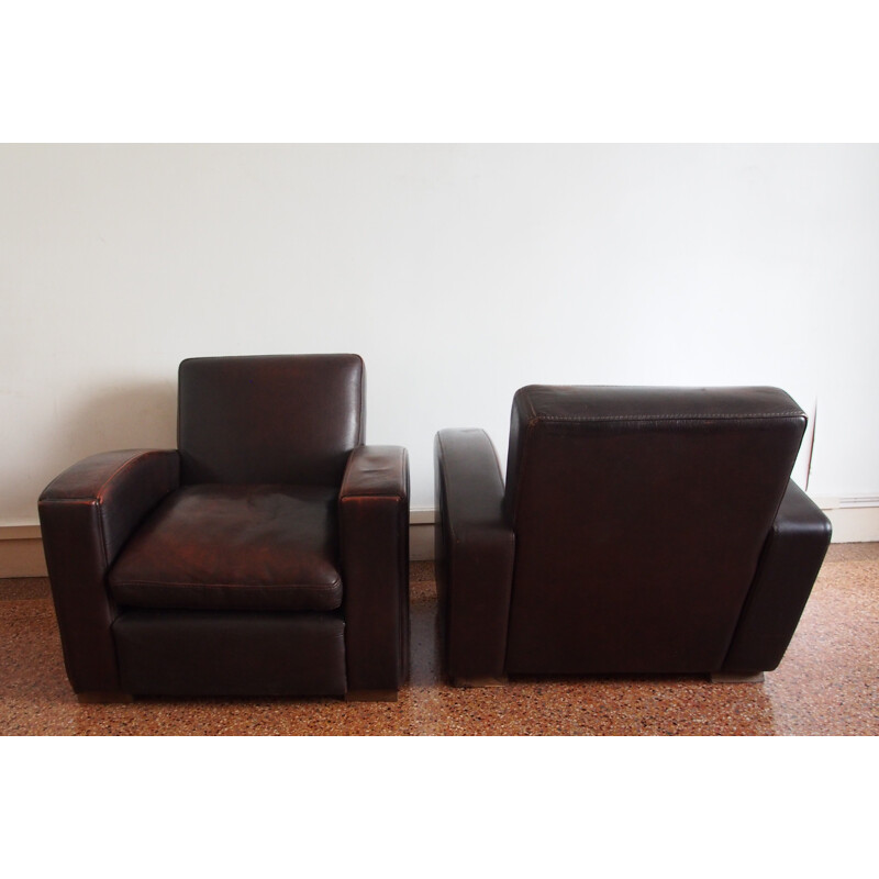 Pair of vintage french armchairs in brown leather 1980