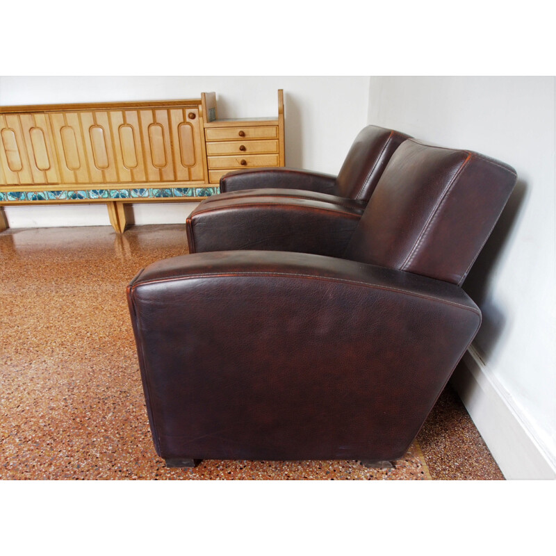 Pair of vintage french armchairs in brown leather 1980