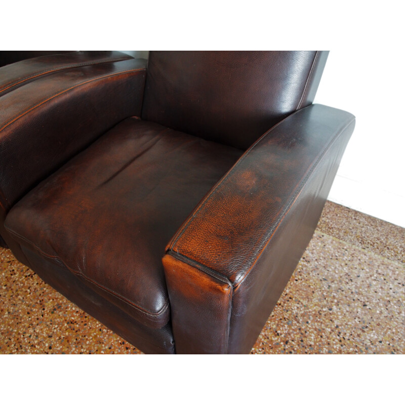 Pair of vintage french armchairs in brown leather 1980