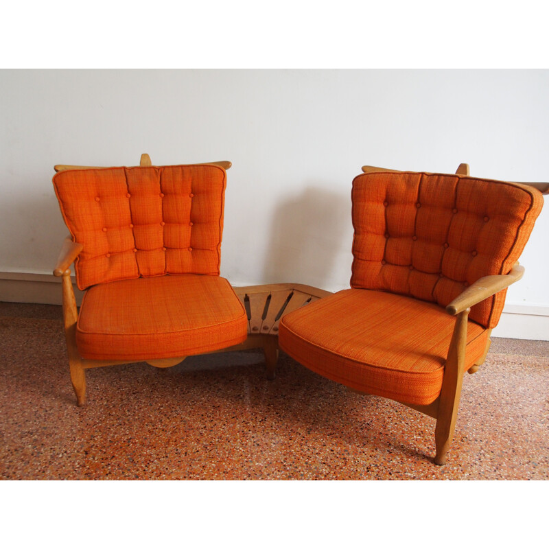 Vintage bench seat by Guillerme and Chambron in orange fabric and oak 1960