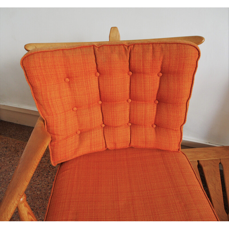 Vintage bench seat by Guillerme and Chambron in orange fabric and oak 1960