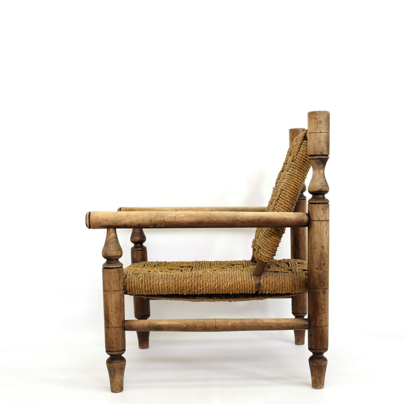 Vintage armchair in natural wood and braided rope 1950