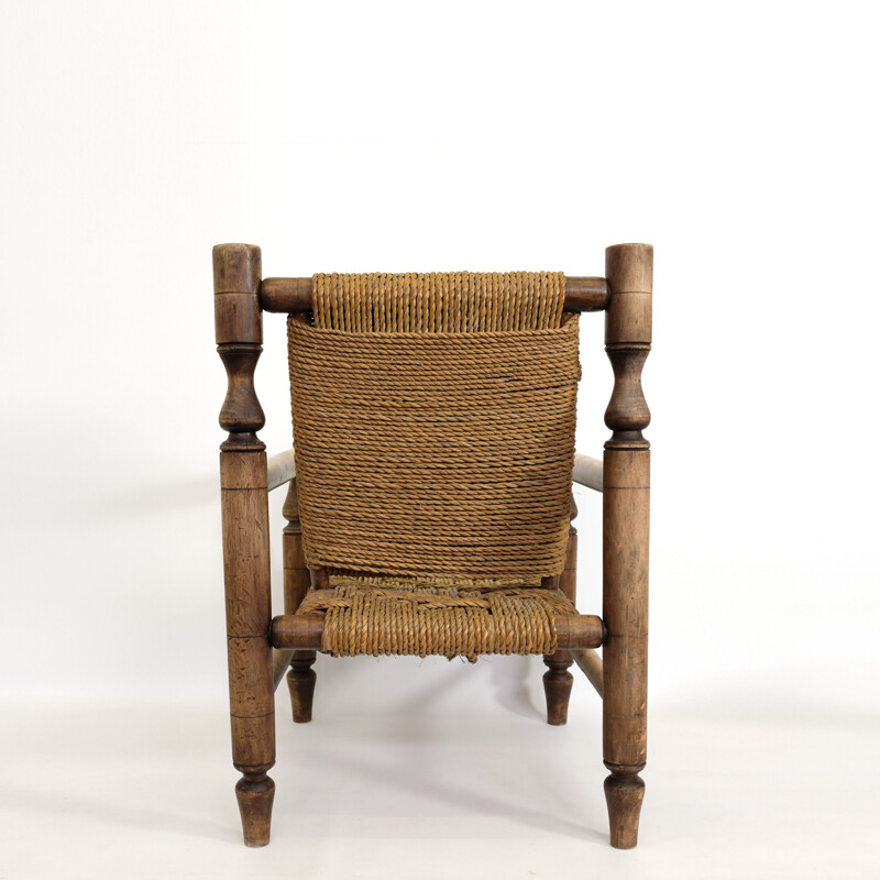 Fauteuil vintage en bois naturel et corde tressée 1950